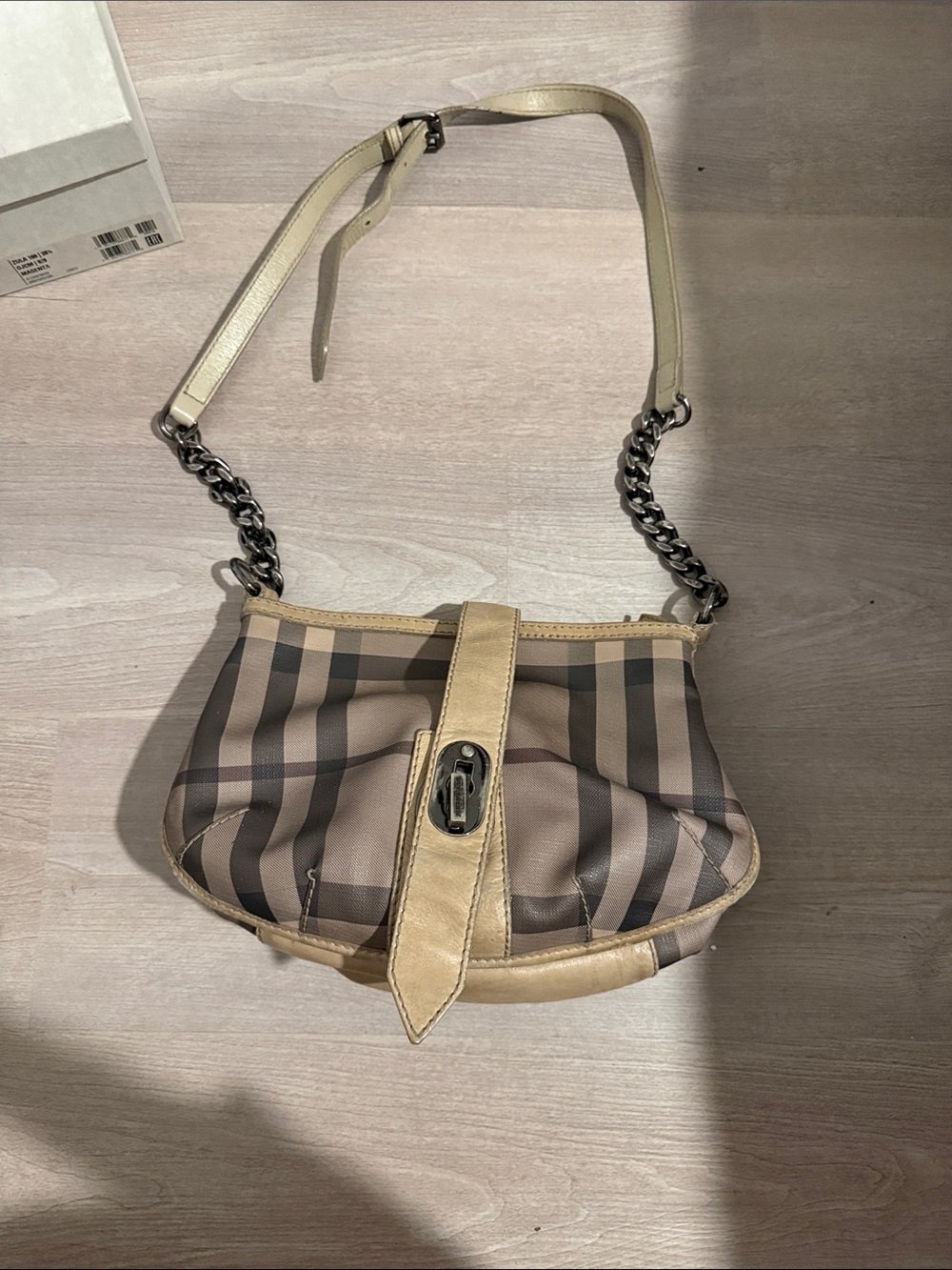 Burberry Beige and Brown Check Shoulder Bag with Chain Strap